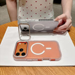 Custodia magnetica per telefono con supporto per obiettivo fotografico satinato effetto pelle., For iPhone 15 Pro Max, For iPhone 15 Pro, For iPhone 15 Plus, For iPhone 15