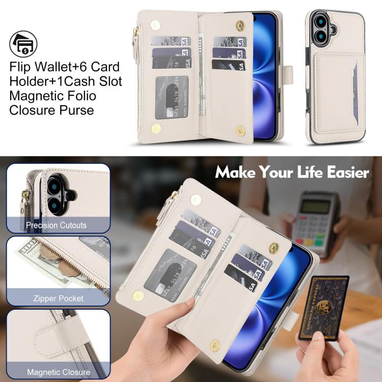 KLT-033 Portafoglio 2 in 1 con cerniera rimovibile e custodia magnetica per telefono con cordino, For iPhone 16 Plus, For iPhone 16, For iPhone 15 Pro Max