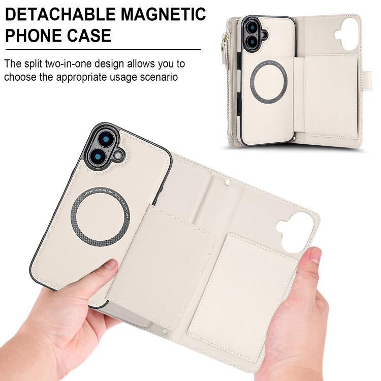 KLT-033 Portafoglio 2 in 1 con cerniera rimovibile e custodia magnetica per telefono con cordino, For iPhone 16 Plus, For iPhone 16, For iPhone 15 Pro Max