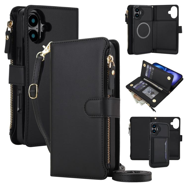 KLT-033 Portafoglio 2 in 1 con cerniera rimovibile e custodia magnetica per telefono con cordino, For iPhone 16 Plus, For iPhone 16, For iPhone 15 Pro Max