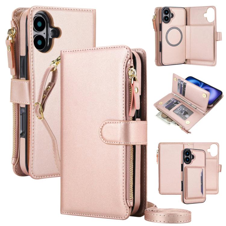 KLT-033 Portafoglio 2 in 1 con cerniera rimovibile e custodia magnetica per telefono con cordino, For iPhone 16 Plus, For iPhone 16, For iPhone 15 Pro Max