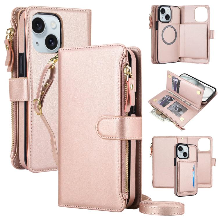 KLT-033 Portafoglio 2 in 1 con cerniera rimovibile e custodia magnetica per telefono con cordino, For iPhone 15 Pro, For iPhone 15 Plus / 14 Plus, For iPhone 15