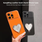 Custodia per telefono antiurto serie agnello con effetto pelle e specchietto a forma di cuore, For iPhone 15 Pro Max, For iPhone 15 Pro, For iPhone 15 Plus, For iPhone 15