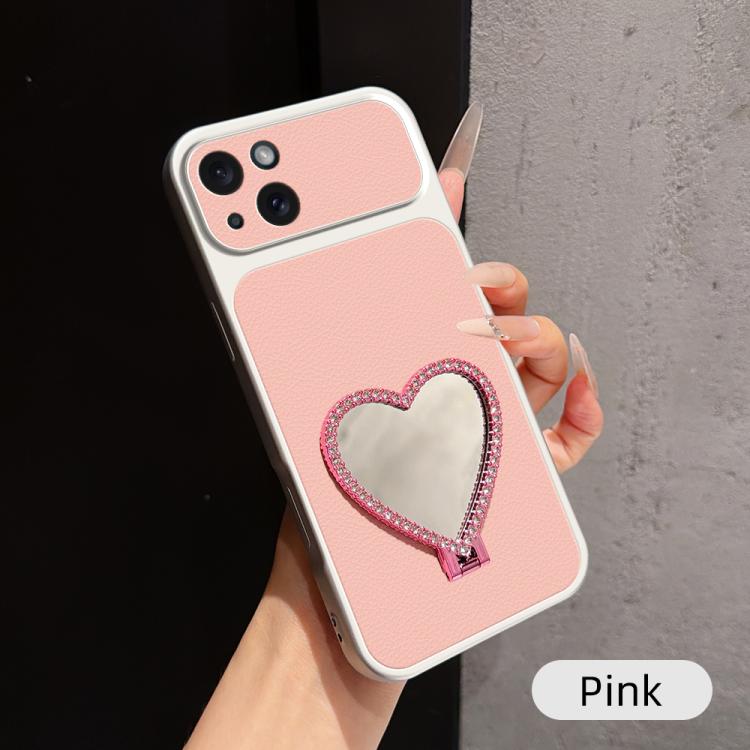 Custodia per telefono antiurto serie agnello con effetto pelle e specchietto a forma di cuore, For iPhone 15 Pro Max, For iPhone 15 Pro, For iPhone 15 Plus, For iPhone 15
