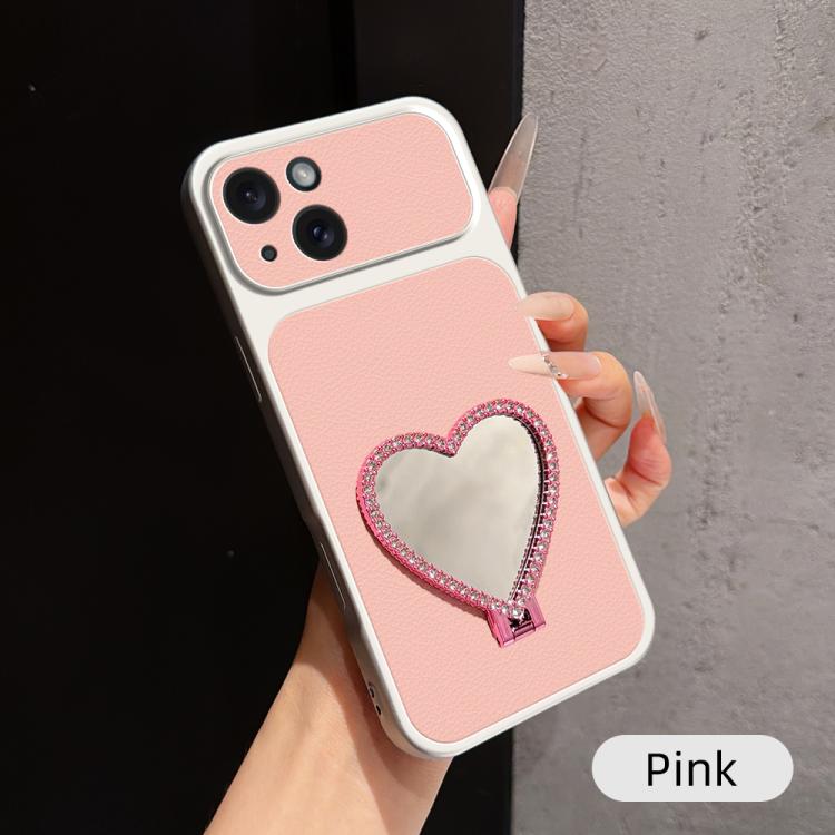 Custodia per telefono antiurto serie agnello con effetto pelle e specchietto a forma di cuore, For iPhone 15 Pro Max, For iPhone 15 Pro, For iPhone 15 Plus, For iPhone 15