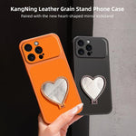Custodia per telefono antiurto serie agnello con effetto pelle e specchietto a forma di cuore, For iPhone 16 Pro Max, For iPhone 16 Pro, For iPhone 16 Plus, For iPhone 16