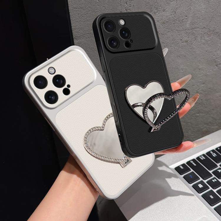 Custodia per telefono antiurto serie agnello con effetto pelle e specchietto a forma di cuore, For iPhone 16 Pro Max, For iPhone 16 Pro, For iPhone 16 Plus, For iPhone 16