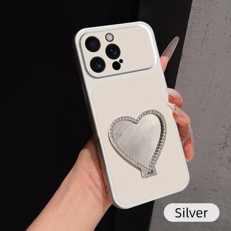 Custodia per telefono antiurto serie agnello con effetto pelle e specchietto a forma di cuore, For iPhone 16 Pro Max, For iPhone 16 Pro, For iPhone 16 Plus, For iPhone 16