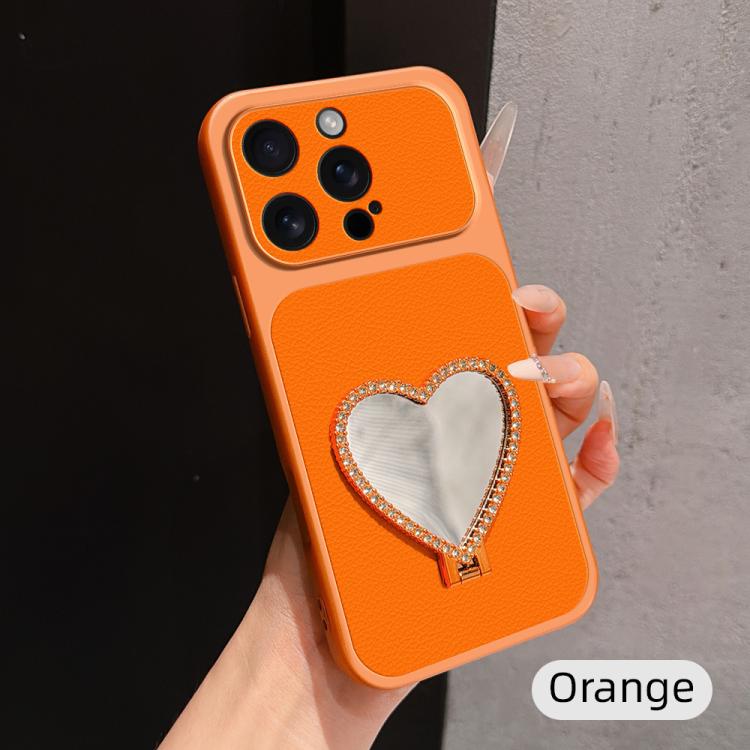 Custodia per telefono antiurto serie agnello con effetto pelle e specchietto a forma di cuore, For iPhone 16 Pro Max, For iPhone 16 Pro, For iPhone 16 Plus, For iPhone 16