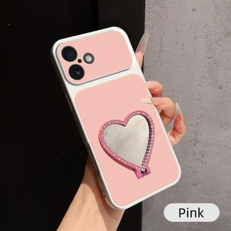 Custodia per telefono antiurto serie agnello con effetto pelle e specchietto a forma di cuore, For iPhone 16 Pro Max, For iPhone 16 Pro, For iPhone 16 Plus, For iPhone 16