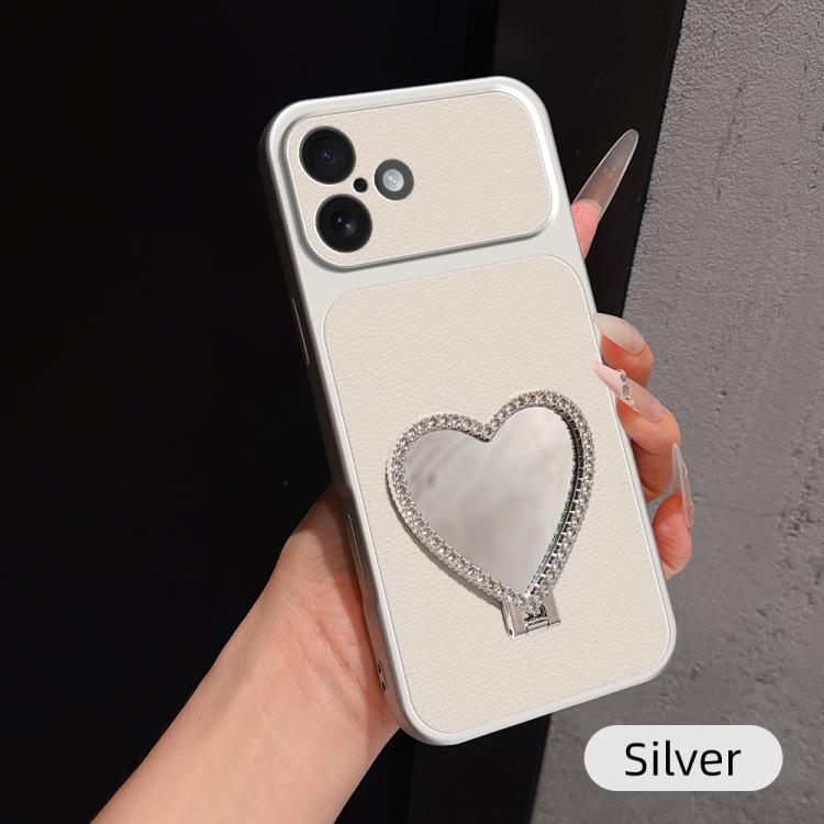 Custodia per telefono antiurto serie agnello con effetto pelle e specchietto a forma di cuore, For iPhone 16 Pro Max, For iPhone 16 Pro, For iPhone 16 Plus, For iPhone 16
