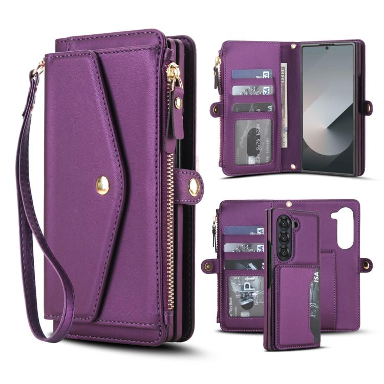 Portafoglio multifunzionale con custodia per telefono in pelle rimovibile e cordino., For Galaxy Z Fold7 5G, For Galaxy Z Fold6 5G, For Galaxy Z Fold5 5G, For Galaxy Z Fold4 5G