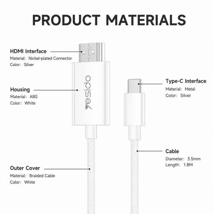 Cavo adattatore Yesido HM18 da Type-C a HDMI 1080P per HDTV, lunghezza: 1,8 m, HM18