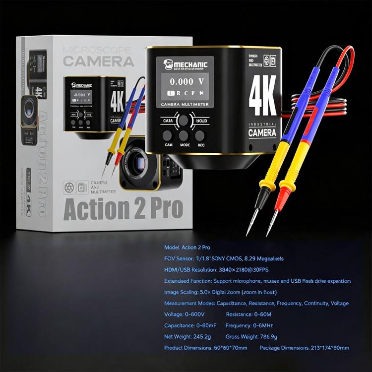 Telecamera per microscopio industriale MECHANIC Action 2 Pro 4K HD con supporto per misurazioni multimetro