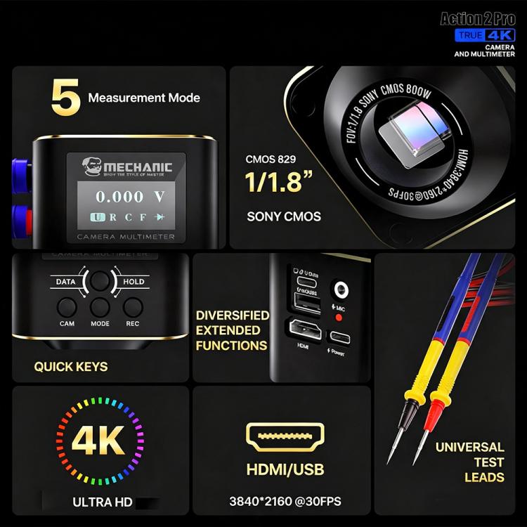 Telecamera per microscopio industriale MECHANIC Action 2 Pro 4K HD con supporto per misurazioni multimetro