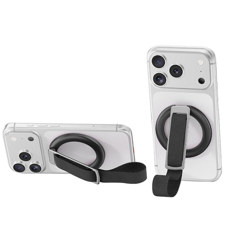 Supporto magnetico girevole per telefono con cinturino intrecciato e fibbia ad anello.