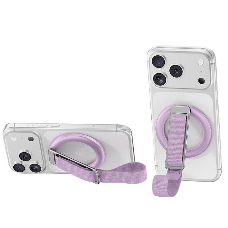 Supporto magnetico girevole per telefono con cinturino intrecciato e fibbia ad anello.