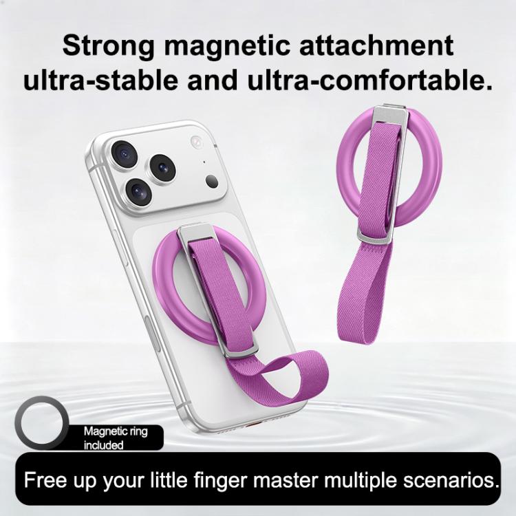 Supporto magnetico girevole per telefono con cinturino intrecciato e fibbia ad anello.
