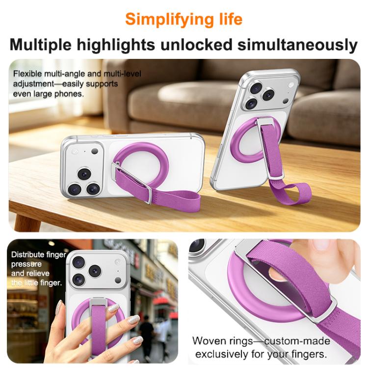 Supporto magnetico girevole per telefono con cinturino intrecciato e fibbia ad anello.
