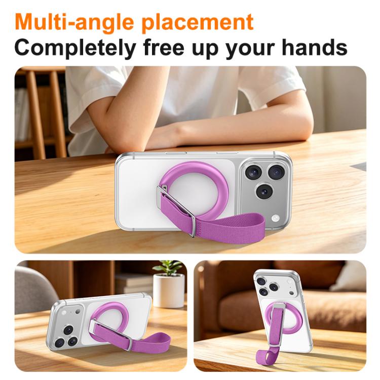 Supporto magnetico girevole per telefono con cinturino intrecciato e fibbia ad anello.