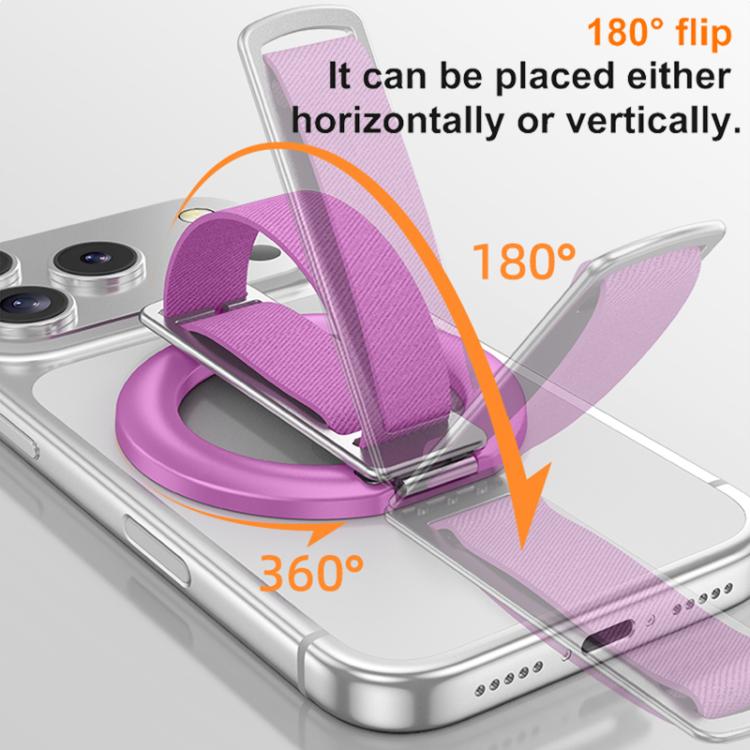 Supporto magnetico girevole per telefono con cinturino intrecciato e fibbia ad anello.