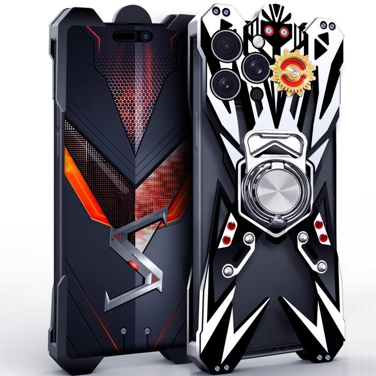 Custodia per telefono cava in lega di alluminio con design Mecha e supporto girevole., For iPhone 17 Pro Max, For iPhone 16 Pro Max, For iPhone 15 Pro Max, For iPhone 14 Pro Max