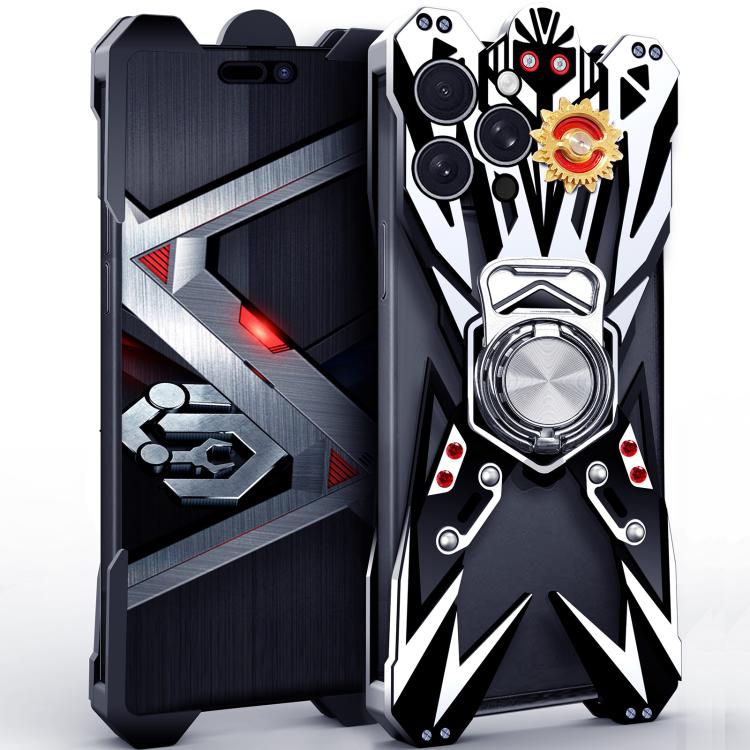 Custodia per telefono cava in lega di alluminio con design Mecha e supporto girevole., For iPhone 17 Pro Max, For iPhone 16 Pro Max, For iPhone 15 Pro Max, For iPhone 14 Pro Max