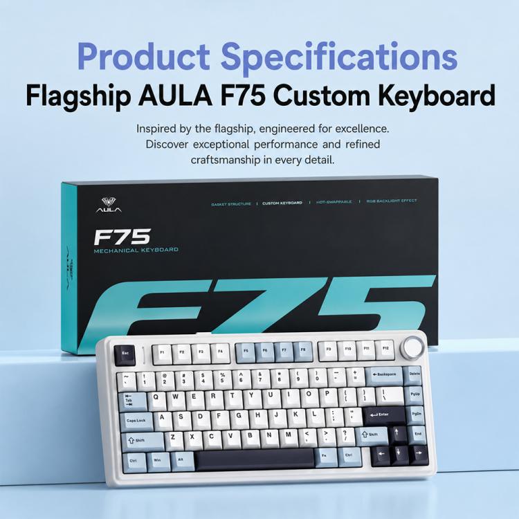 Tastiera meccanica personalizzata AULA F75 a 80 tasti, con connessione cablata/2.4G/Bluetooth e tripla modalità.