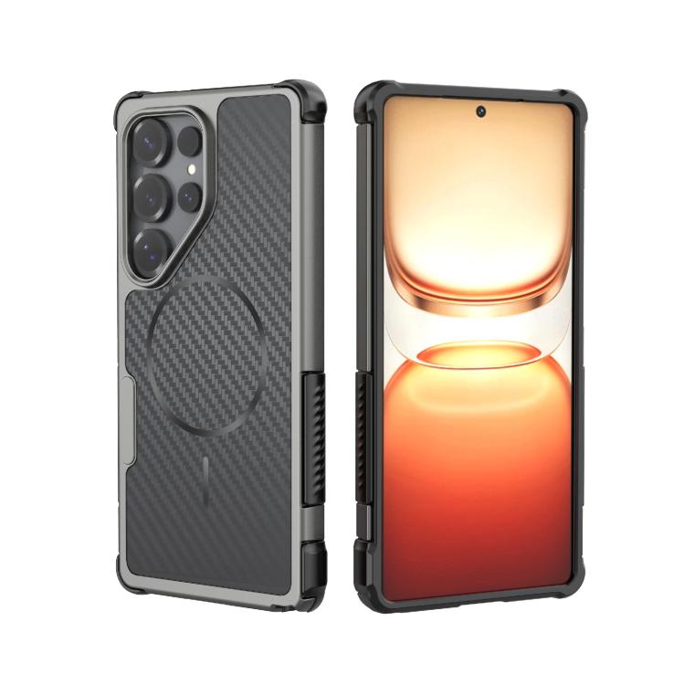 Custodia magnetica antiurto per telefono con texture in fibra di carbonio e airbag, resistente agli urti., For Galaxy S26+ 5G, For Galaxy S26 Ultra 5G, For Galaxy S26 5G, For Galaxy S25 Ultra 5G, For Galaxy S24 Ultra 5G, For Galaxy S24 5G