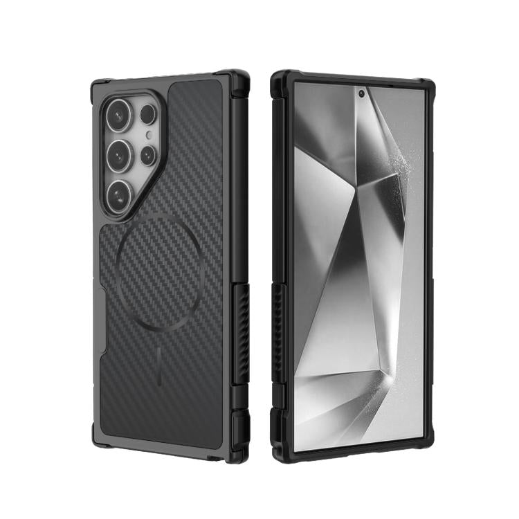 Custodia magnetica antiurto per telefono con texture in fibra di carbonio e airbag, resistente agli urti., For Galaxy S26+ 5G, For Galaxy S26 Ultra 5G, For Galaxy S26 5G, For Galaxy S25 Ultra 5G, For Galaxy S24 Ultra 5G, For Galaxy S24 5G
