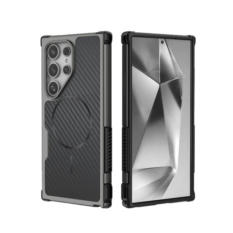 Custodia magnetica antiurto per telefono con texture in fibra di carbonio e airbag, resistente agli urti., For Galaxy S26+ 5G, For Galaxy S26 Ultra 5G, For Galaxy S26 5G, For Galaxy S25 Ultra 5G, For Galaxy S24 Ultra 5G, For Galaxy S24 5G