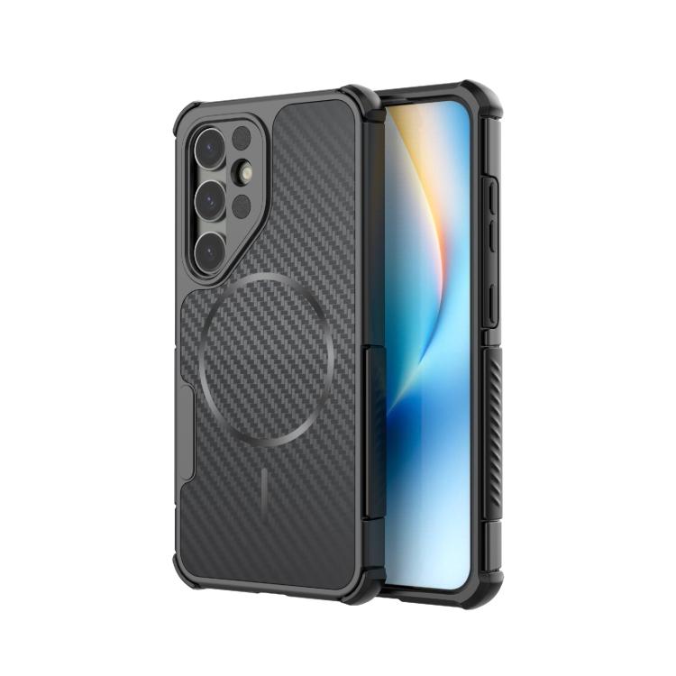 Custodia magnetica antiurto per telefono con texture in fibra di carbonio e airbag, resistente agli urti., For Galaxy S26+ 5G, For Galaxy S26 Ultra 5G, For Galaxy S26 5G, For Galaxy S25 Ultra 5G, For Galaxy S24 Ultra 5G, For Galaxy S24 5G