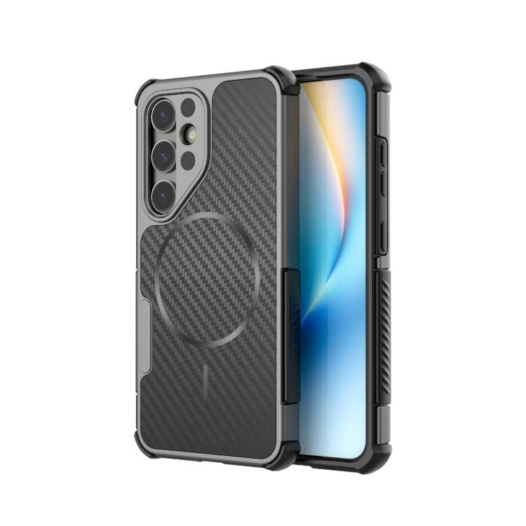 Custodia magnetica antiurto per telefono con texture in fibra di carbonio e airbag, resistente agli urti., For Galaxy S26+ 5G, For Galaxy S26 Ultra 5G, For Galaxy S26 5G, For Galaxy S25 Ultra 5G, For Galaxy S24 Ultra 5G, For Galaxy S24 5G