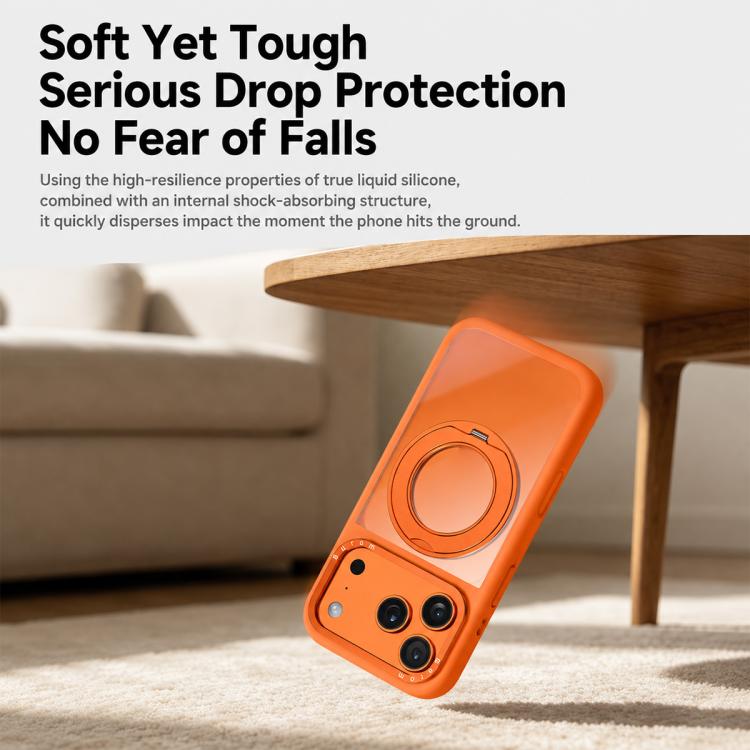 Custodia per telefono con cornice in silicone liquido, pannello posteriore trasparente, supporto magnetico girevole e pannello posteriore ibrido trasparente., For iPhone 17 Pro