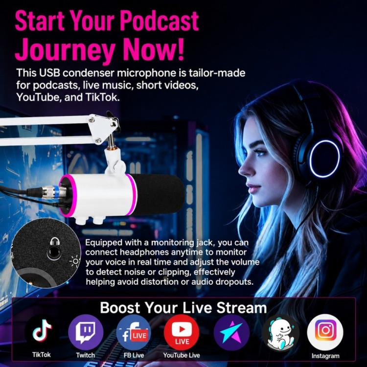 Microfono a condensatore RGB XTUGA GV6 per gaming e registrazione, ideale per streaming live e registrazioni., GV6
