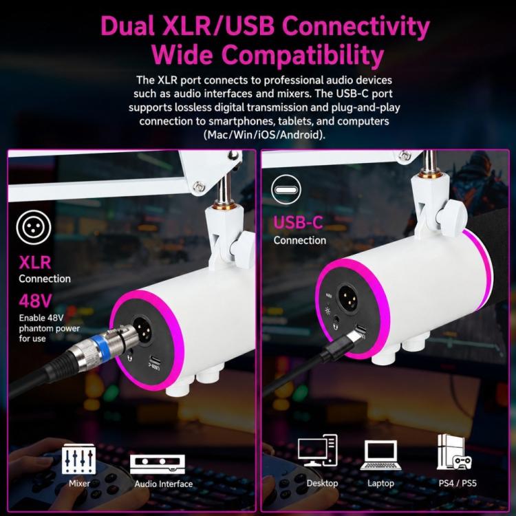Microfono a condensatore RGB XTUGA GV6 per gaming e registrazione, ideale per streaming live e registrazioni., GV6