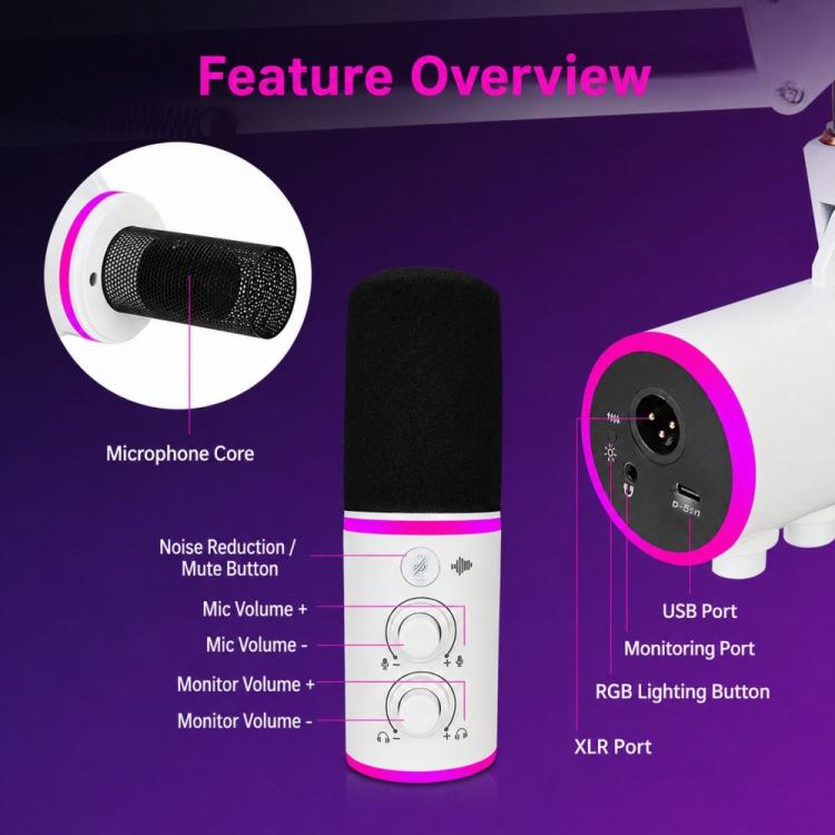Microfono a condensatore RGB XTUGA GV6 per gaming e registrazione, ideale per streaming live e registrazioni., GV6