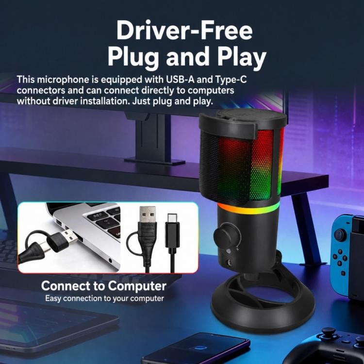 Microfono a condensatore da tavolo portatile XTUGA GB2066 con illuminazione RGB., GB2066
