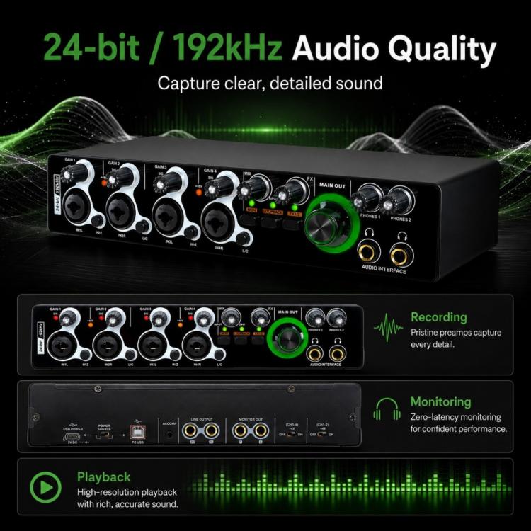 XTUGA E-44 Interfaccia audio USB professionale 4 ingressi-2 uscite 24 bit 192 kHz, scheda audio per registrazione, E-44