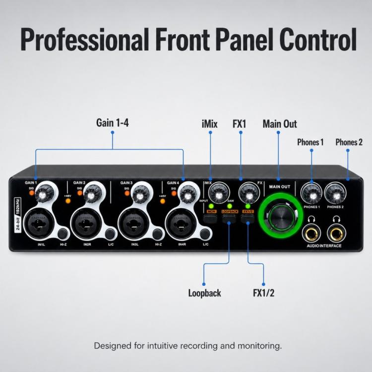 XTUGA E-44 Interfaccia audio USB professionale 4 ingressi-2 uscite 24 bit 192 kHz, scheda audio per registrazione, E-44
