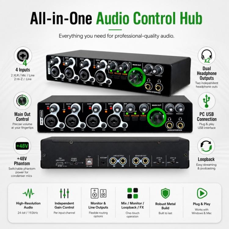 XTUGA E-44 Interfaccia audio USB professionale 4 ingressi-2 uscite 24 bit 192 kHz, scheda audio per registrazione, E-44