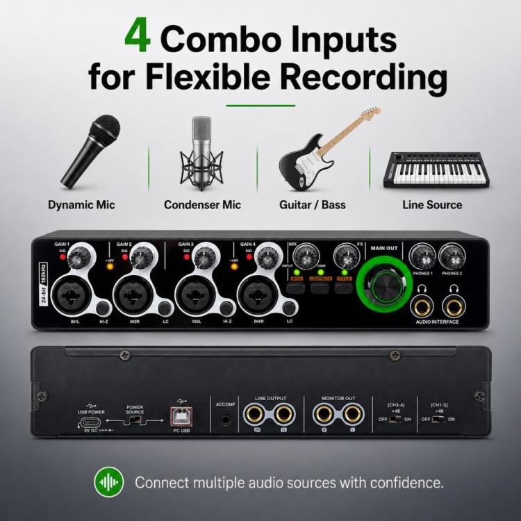 XTUGA E-44 Interfaccia audio USB professionale 4 ingressi-2 uscite 24 bit 192 kHz, scheda audio per registrazione, E-44