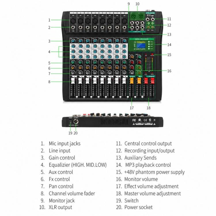 XTUGA CT80 Mixer audio professionale a 8 canali per DJ, CT80