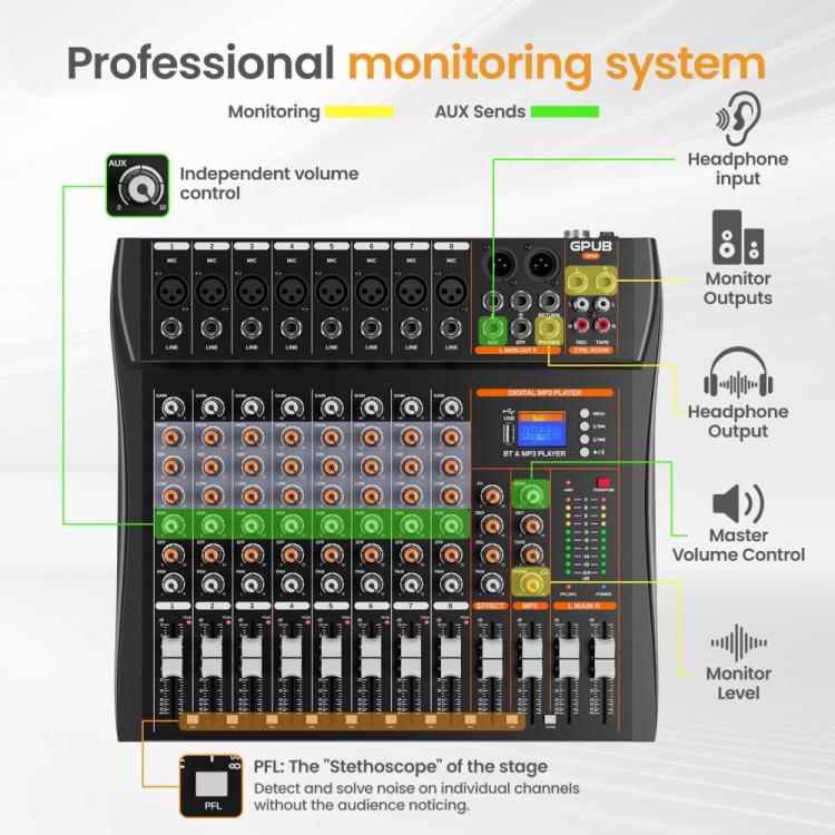 Mixer analogico 8 canali XTUGA GP80 con Bluetooth