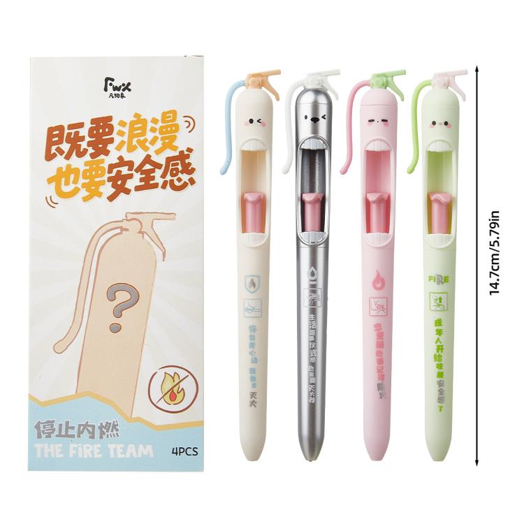 Set di 4 penne a gel retrattili con punta da 0,5 mm e design a estintore, ideali per studenti.