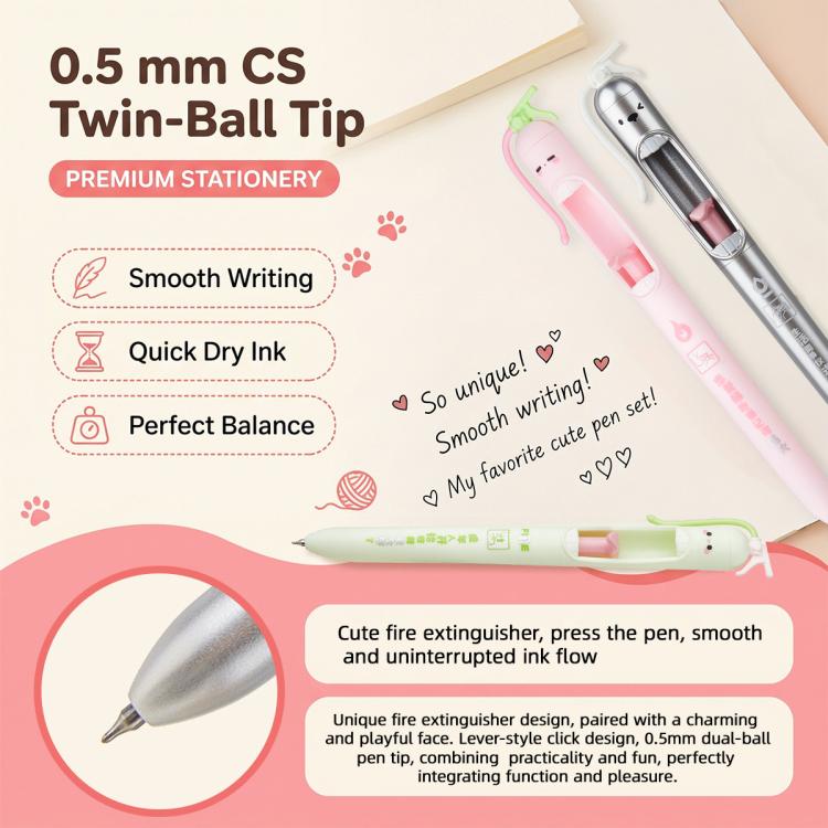 Set di 4 penne a gel retrattili con punta da 0,5 mm e design a estintore, ideali per studenti.