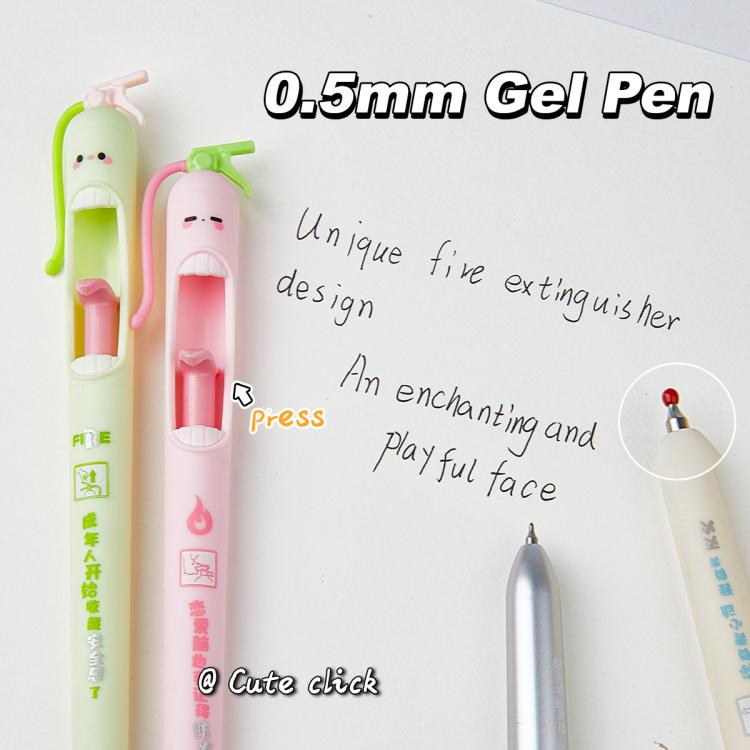 Set di 4 penne a gel retrattili con punta da 0,5 mm e design a estintore, ideali per studenti.