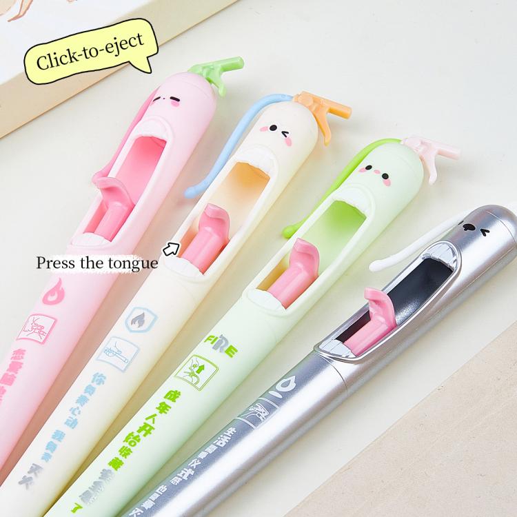 Set di 4 penne a gel retrattili con punta da 0,5 mm e design a estintore, ideali per studenti.