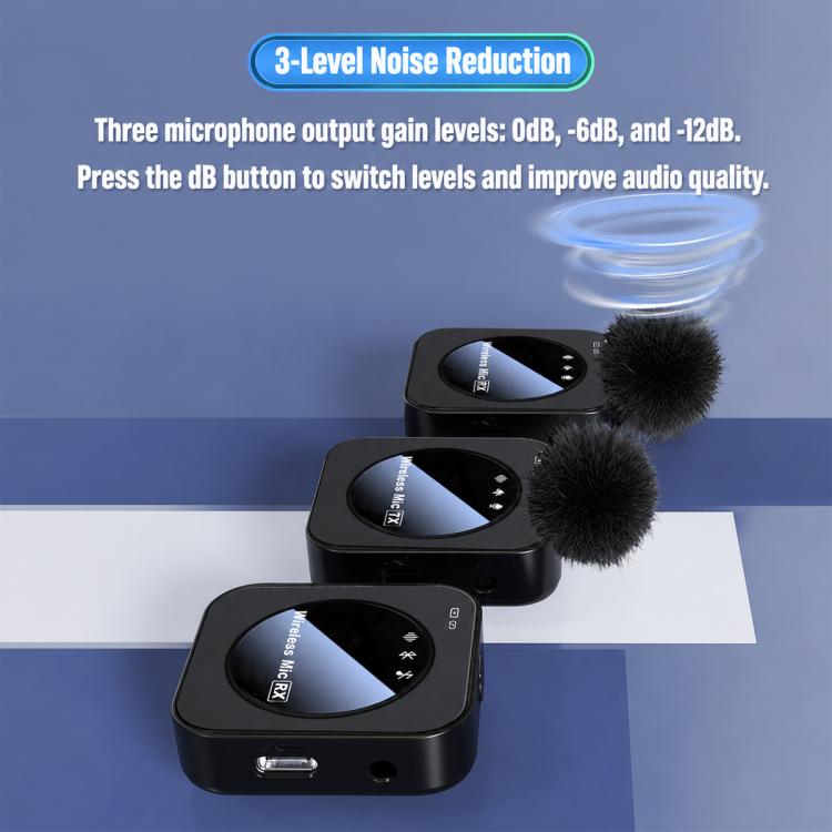 J30 Doppio microfono 2 in 1, microfono lavalier wireless con riduzione del rumore e funzione di monitoraggio bidirezionale.