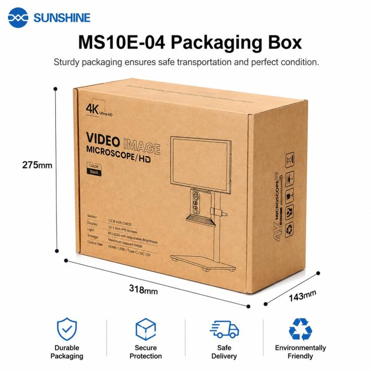Microscopio digitale SUNSHINE MS10E-04 4K HD con base in metallo e ampio display da 10 pollici., EU Plug, UK Plug